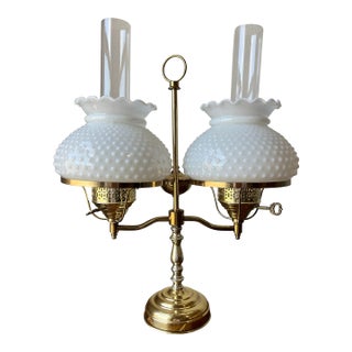 Vintage Milk Glass Double Arm, Double Globe Student Lamp Classic Fenton Hobnail For Sale