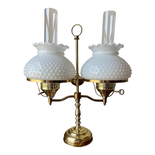 Vintage Milk Glass Double Arm, Double Globe Student Lamp Classic Fenton Hobnail For Sale