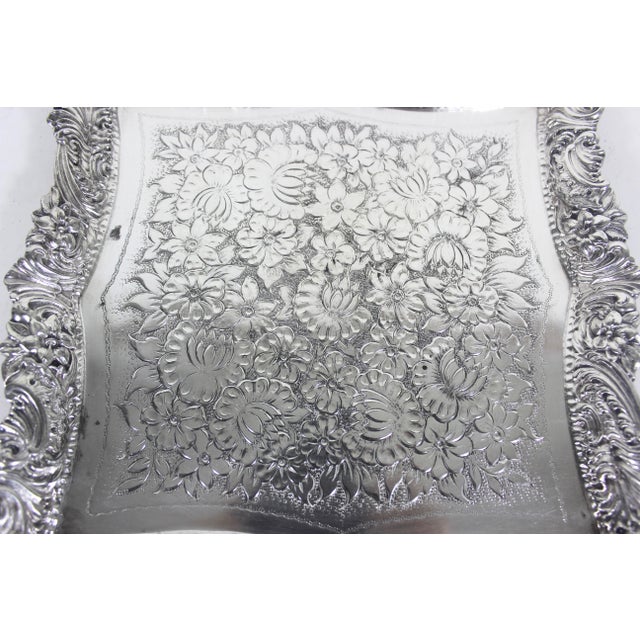 Metal Ornate Silver Plated Square Tray Platter Vintage Plate Embossed Chased Serving For Sale - Image 7 of 14