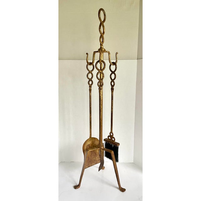 1960s Sculptural Gilt Iron Fireplace Tool Set With Stand For Sale - Image 9 of 9