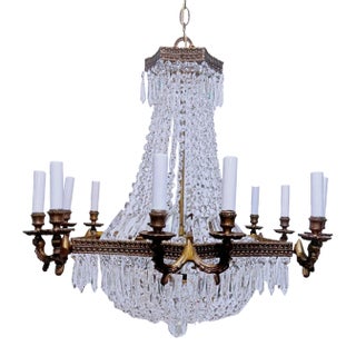 1920s Empire Brass Chandelier With a-Chain Crystals For Sale