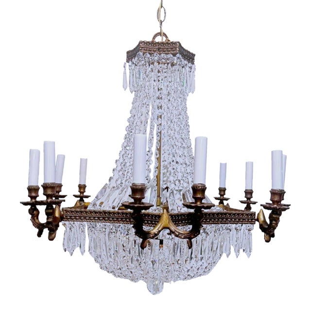 1920s Empire Brass Chandelier With a-Chain Crystals For Sale