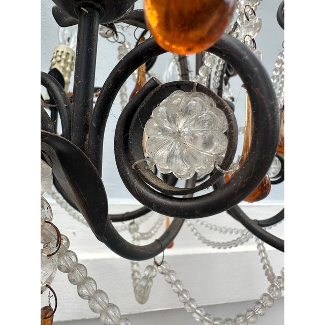 Vintage French Rococo Revival 6-Arm Wrought Iron Chandelier With Amber Glass Drops. For Sale - Image 9 of 12