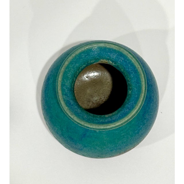 Hand Thrown Signed Teal Blue Glossy Ceramic Vase Pottery From Basel Switzerland For Sale - Image 4 of 7