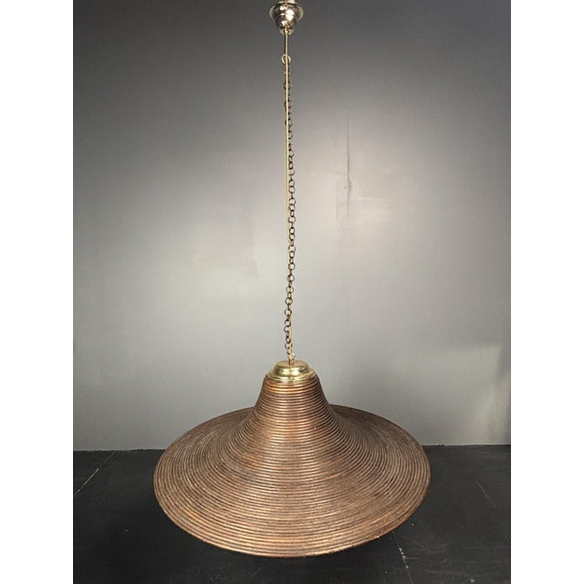 Wood Midcentury Italian Pencil Reed Rattan Bamboo and Brass Hanging Pendant Lamp, 1970s from Vivai Del Sud, 1960s For Sale - Image 7 of 13
