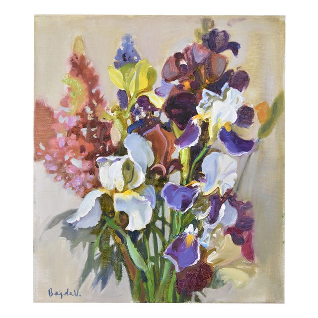 Valery Bayda, Irises, 2024, Oil Painting on Canvas For Sale