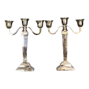 Tall Vintage Silver Plated Candelabras Neoclassical Column Style - Set of 2