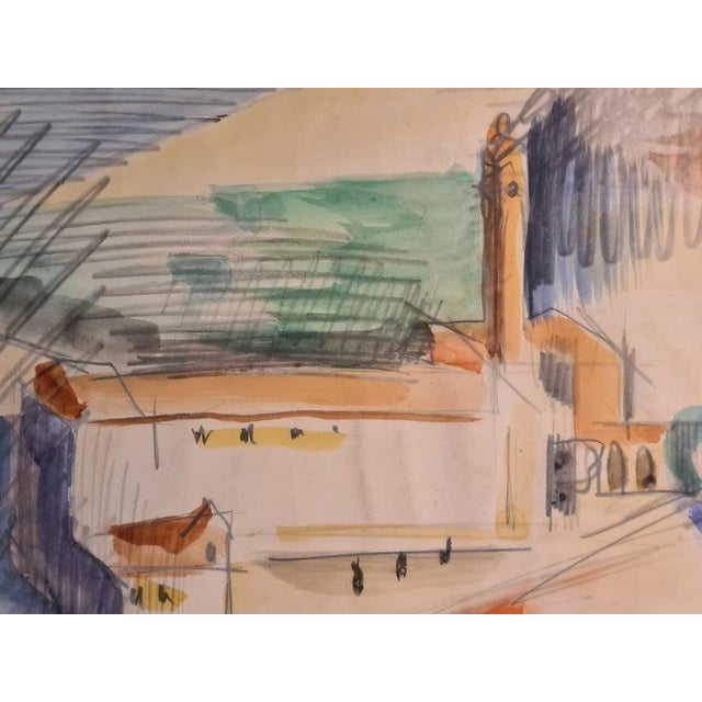 Early 20th Century Cubist, Art Deco, View of a Factory in a Landscape, l'Usine Painting by E Corvin-Pearson For Sale - Image 6 of 8