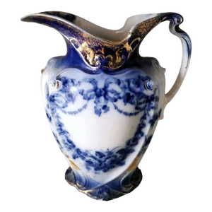 Late 19th Century Victorian Style English White, Blue and Gold Porcelain Pitcher