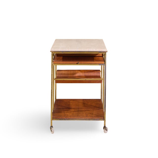 Mid 20th Century Paul McCobb for Calvin Irwin Collection Model C9203 Mid Century Travertine, Brass and Mahogany Bar Cart For Sale - Image 5 of 11