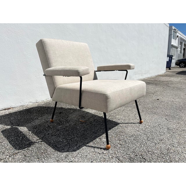 1950s Lounge Chair Attributed to Milo Baughman, Black Iron, Kravet Beligan Linen For Sale - Image 9 of 17