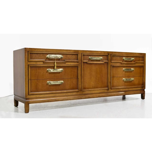 Campaign Mid-Century Campaign Style Credenza by Fancher Furniture — 9 Drawers For Sale - Image 3 of 12