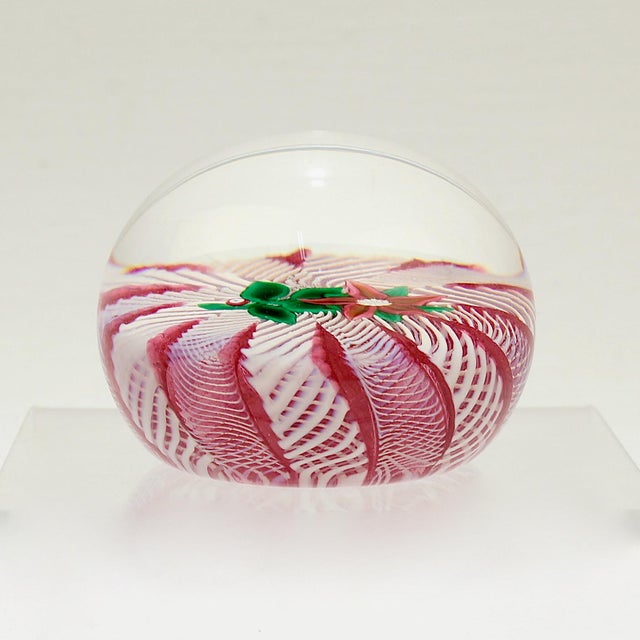 Glass Paul Ysart Poinsettia on a Pink & White Latticino Ground Glass Paperweight For Sale - Image 7 of 10
