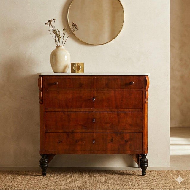 Mahogany chest of drawers. Four drawers in front, the first of which is smaller, with forty-five-degree uprights and...