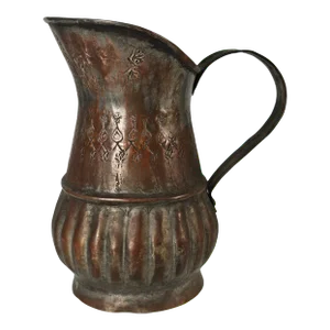 Egyptian Hand Hammered Copper Pitcher Tinned Stamped Patina 8"