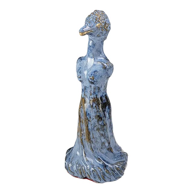 Vintage Studio Art Bird Woman Clay Figurine For Sale