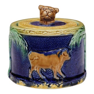19th Century French Barbotine Majolica Covered Sugar Bowl With Cow Motifs For Sale