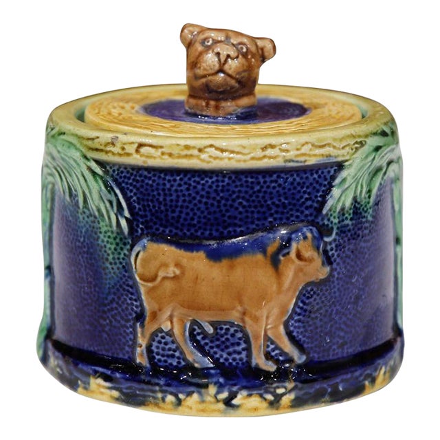 19th Century French Barbotine Majolica Covered Sugar Bowl With Cow Motifs For Sale