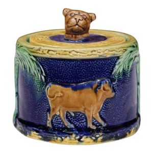 19th Century French Barbotine Majolica Covered Sugar Bowl With Cow Motifs