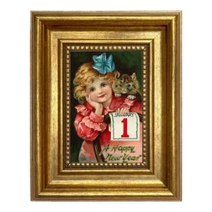 Victorian Girl With Kitten New Year's Print on Canvas in Antiqued Gold Frame