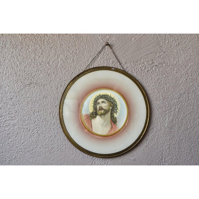 Metal Art Deco Religious Painting of Christ Under Glass, 1940s For Sale - Image 7 of 7