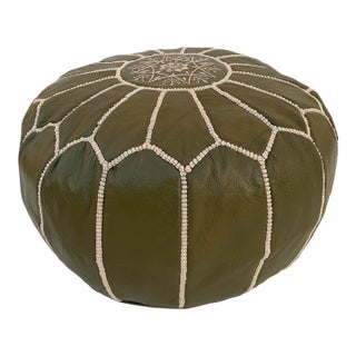 Contemporary Moroccan Handmade Green Olive Pouf Cover For Sale