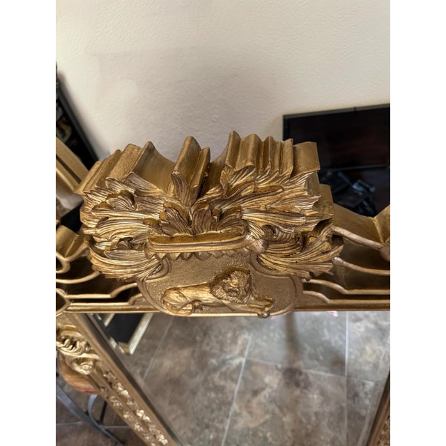 Gold Large Baroque-Style Gilt Carved Lion Crest Mirror, 52” X 34” For Sale - Image 8 of 11