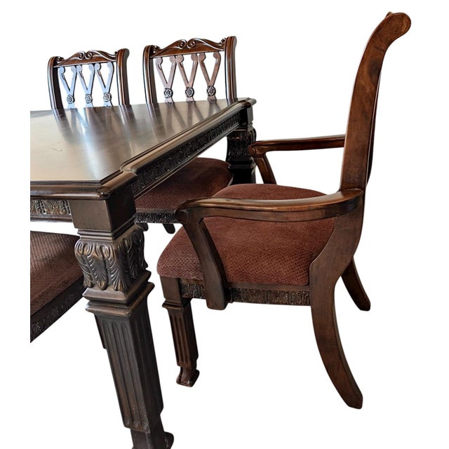 Traditional Elegant Intricate Carved Wood Dinning Room Table Set Including 6 Chairs & 2 Additional Leaves For Sale - Image 3 of 9