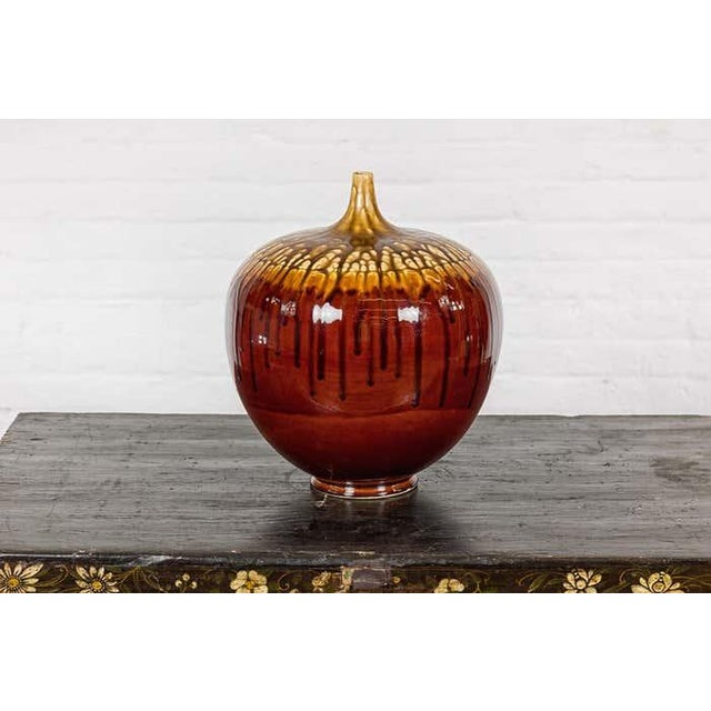 Hand-Crafted Artisan Tri-Color Brown Vase with Rounded Silhouette and Dripping For Sale - Image 4 of 12
