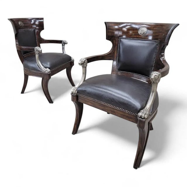 Traditional Vintage George IV English Regency Style Black Leather Chairs With Metal Lion Head Arms - Pair For Sale - Image 3 of 11