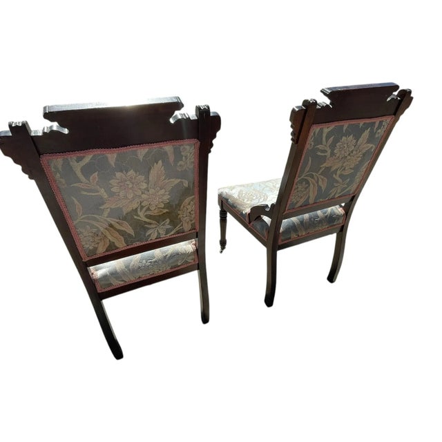 Pair of 19th Century Eastlake Victorian Parlor Chairs – Carved Walnut With Floral Tapestry Upholstery For Sale - Image 4 of 7