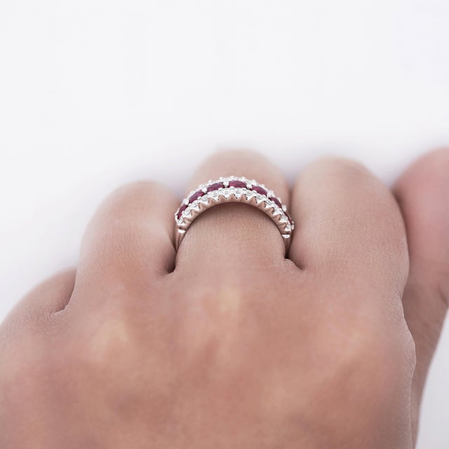 1.54 Carat Round Cut Ruby and Diamond Double-Row Eternity Band Ring Size 7.75 For Sale - Image 4 of 6