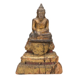 Antique Buddha Figurine in Carved Wood, 19th Century For Sale