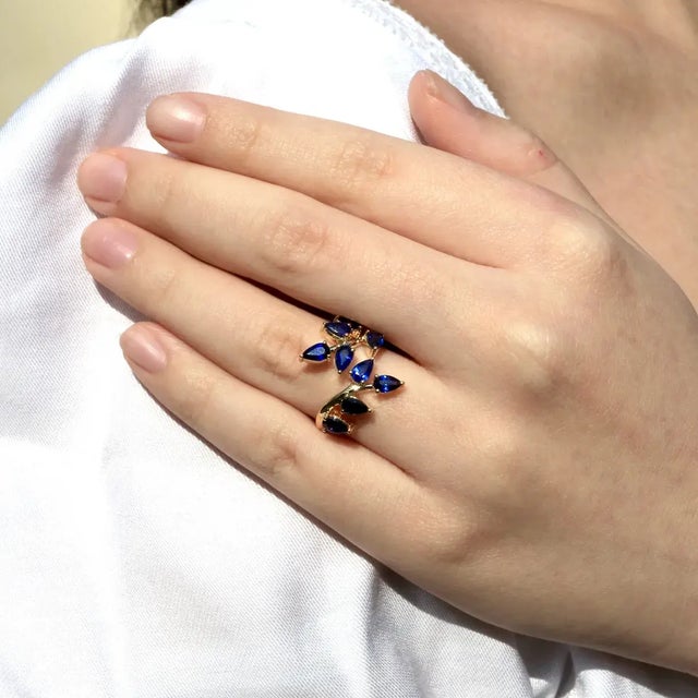 Nina Zhou Sapphire Branch Leaves Ring in 14k Yellow Gold, size 9 For Sale - Image 9 of 10