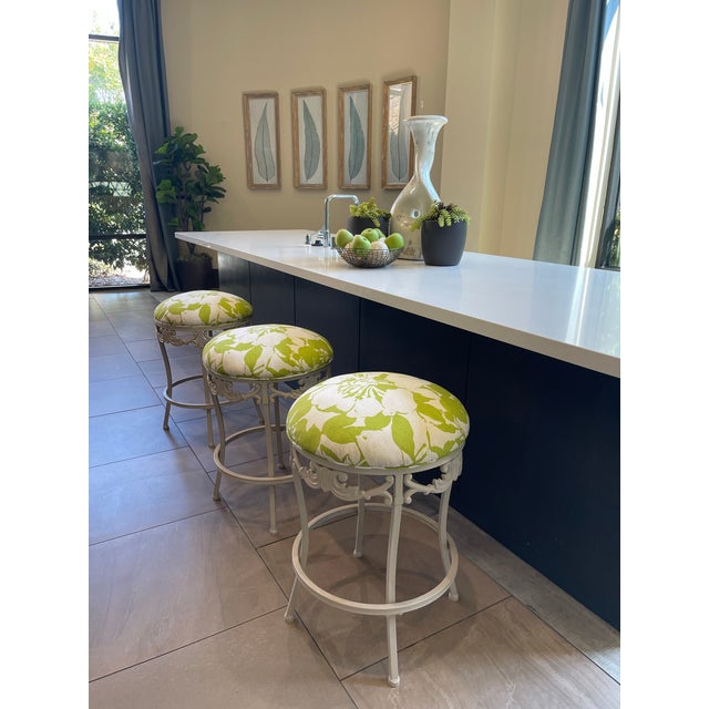 Summer Ivory & Lime Iron Scroll Upholstered Counter Stools (Set of 3) For Sale - Image 10 of 11