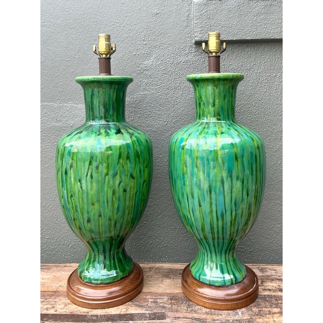 Vintage Mid-Century Modern Drip Glaze Ceramic Lamps - A Pair For Sale - Image 9 of 12