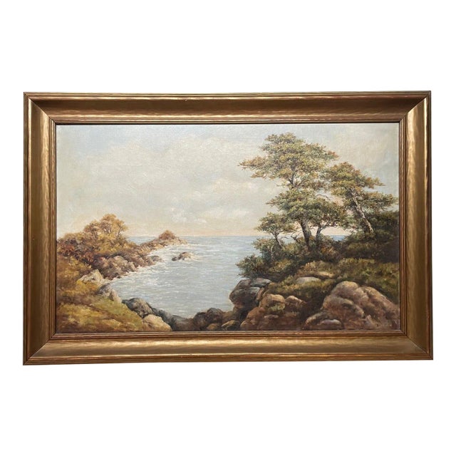 Antique California School Coast of Monterey Signed Illegible Oil Painting -wood? For Sale