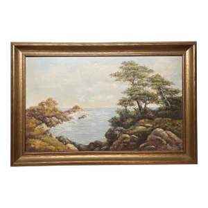 Antique California School Coast of Monterey Signed Illegible Oil Painting -wood?