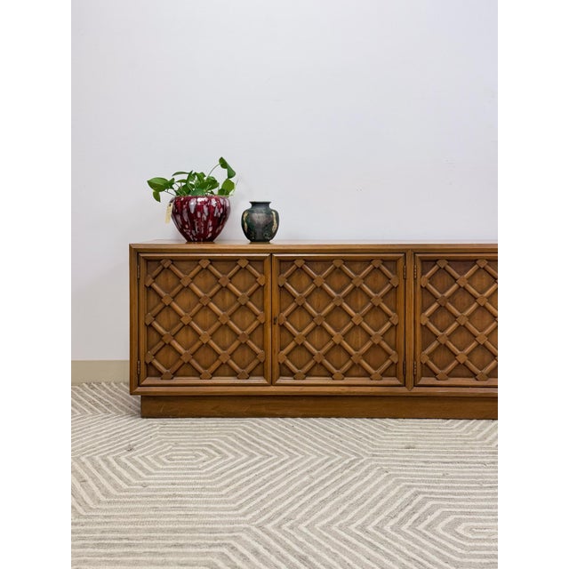 Drexel Collage MCM Low Console Lattice Door Faces Vintage Credenza Finished Back For Sale - Image 10 of 16