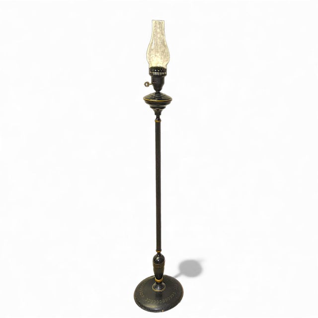1980s Vintage French Empire Hurricane Lamp Style Black Floor Lamp With Toleware Shade For Sale - Image 5 of 10