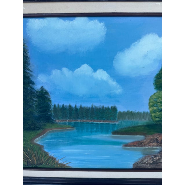 1990s Signed Original 1992 Oil Landscape Painting by J. Brown in Original Wood Frame For Sale - Image 5 of 12