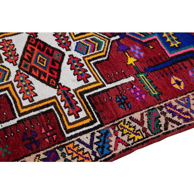 Textile Red Vintage Turkish Handmade Multicolor Tribal Pattern Wool Runner For Sale - Image 7 of 11