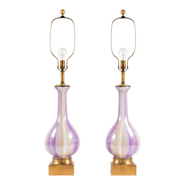Mid-Century Modern Italian Blown Glass Table Lamps With Giltwood Bases, Pair For Sale