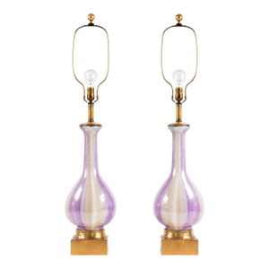 Mid-Century Modern Italian Blown Glass Table Lamps With Giltwood Bases, Pair