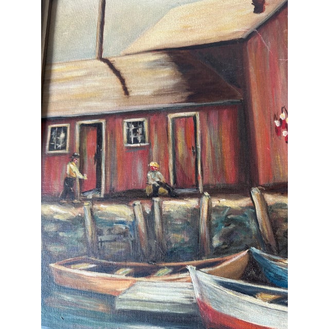 Vintage 1965 Framed Painting of Dinghys and Sailboat at the Lobster-Mans Shack in the Harbor For Sale - Image 4 of 13