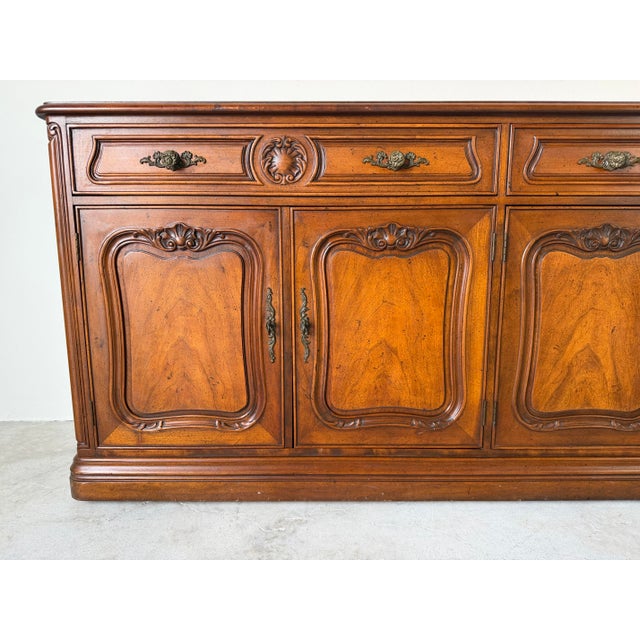 1970s Henredon French Provincial Carved Walnut Sideboard Cabinet For Sale - Image 4 of 12