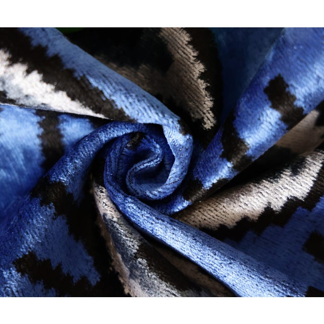 Handmade Blue Ikat Velvet Lumbar Pillow 16x24 | Sapphire & Black Abstract For Sale In San Francisco - Image 6 of 6