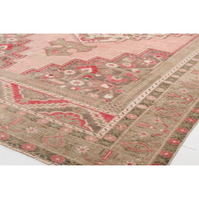 1950s Vintage Turkish Area Rug, 9'9" X 5'4" Hand-Knotted Floral Oushak Carpet, Soft Pink and Taupe Decorative Wool and Cotton Blend Rug For Sale - Image 5 of 9