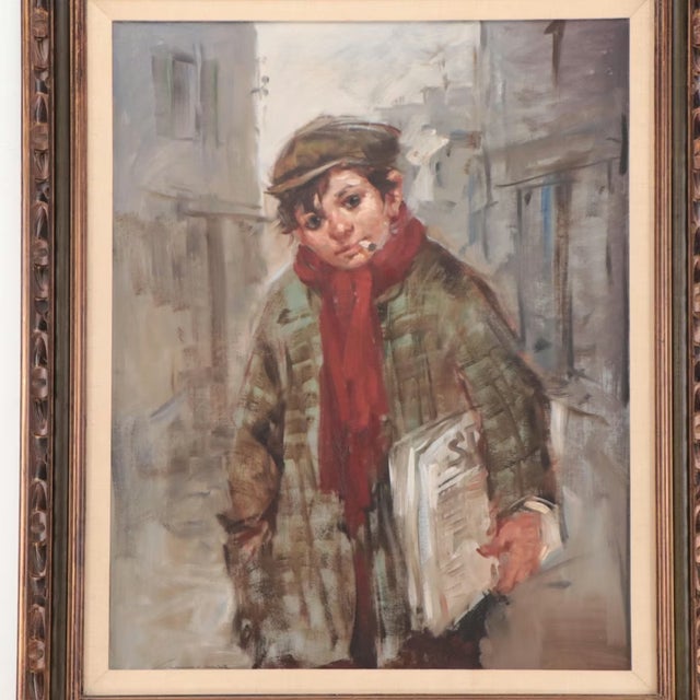 City Newsboy in Winter Oil on Canvas Framed For Sale In Cincinnati - Image 6 of 15