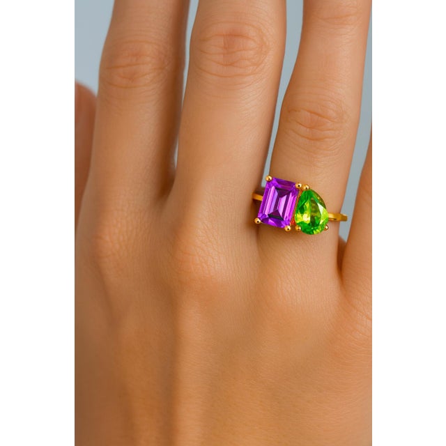 Toi et Moi Gemstone Ring: Amethyst and Peridot. Perfect "You n I" Gold Birthmonth gemstones ring. Metal: 14k yellow gold...